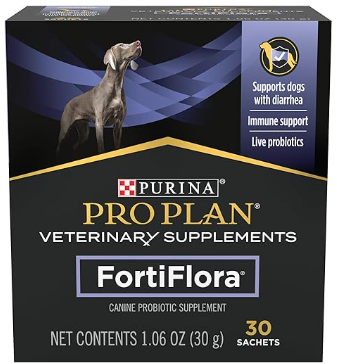 Purina Pro Plan Veterinary Supplements FortiFlora box with a dog on a black background