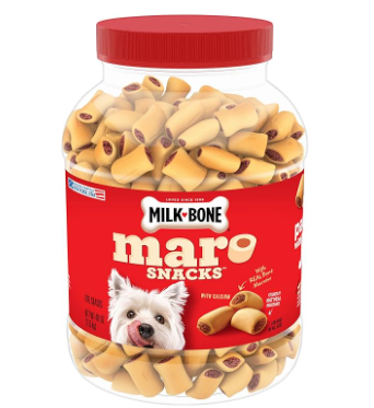 Jar of Milk-Bone Maxi Snacks with a red lid and label featuring a dog.